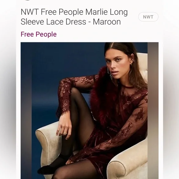NWT free people lace and velvet burgundy dress. - Picture 2 of 9